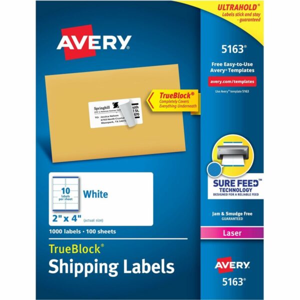 Avery® Shipping Labels, Sure Feed, 2" x 4" 1,000 White Labels (5163)