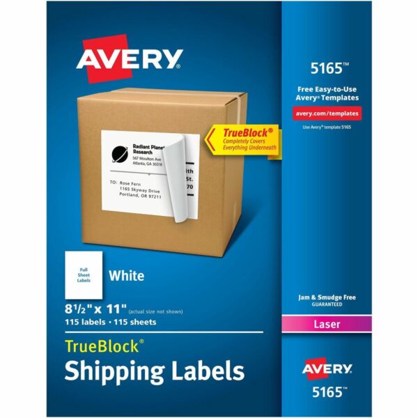 Avery Shipping Labels, Permanent Adhesive, 8-1/2" x 11" , 100 Labels (5165)