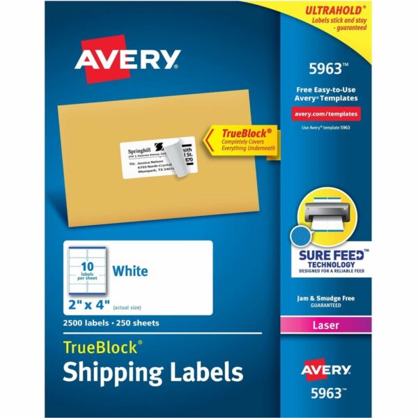 Avery® Shipping Labels, Sure Feed®, 2" x 4" , 2,500 Labels (5963)