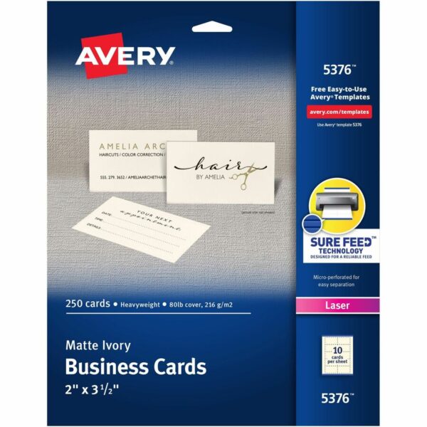 Avery 2" x 3.5" Ivory Business Cards, Sure Feed Technology, Laser, 250 Cards (5376)