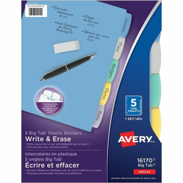 Avery® Big Tab™ Write & Erase Plastic Dividers, 5 tabs, 1 set