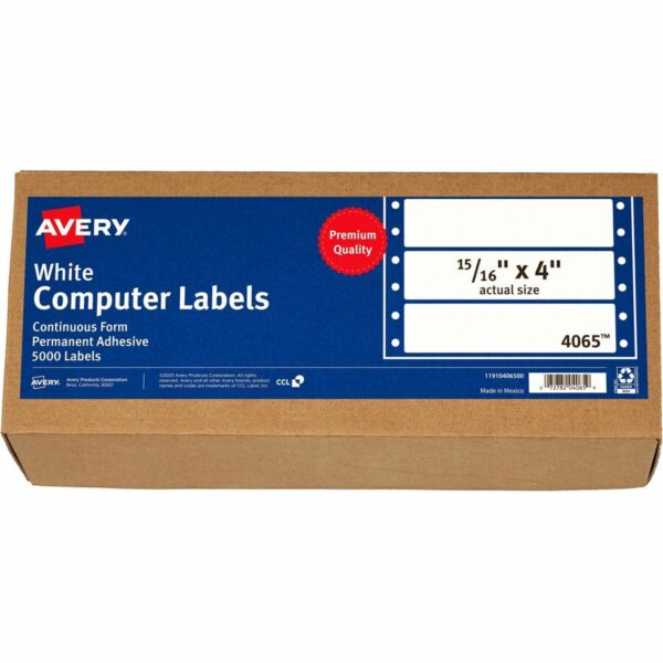 Avery Continuous Form Computer Labels, Permanent Adhesive, 4" x 15/16" , 5,000 Labels