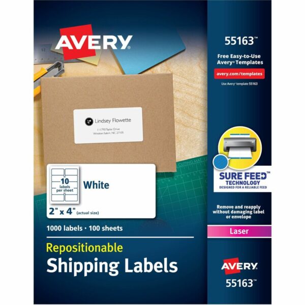 Avery® Repositionable Labels, Sure Feed, 2" x 4" , 1,000 Labels (55163)