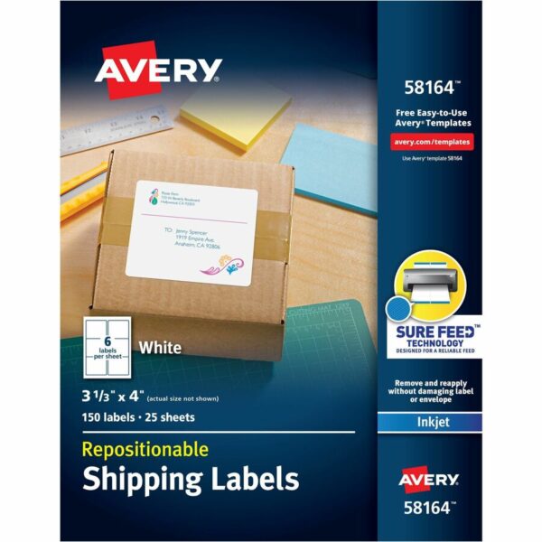 Avery® Repositionable Labels, Sure Feed, 3-1/3"x4" , 150 Labels (58164)