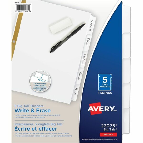 Avery Big Tab Write & Erase Dividers 5 Tab5 tabs