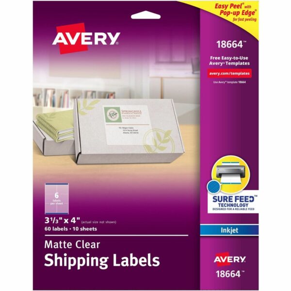 Avery Clear Shipping Labels, Sure Feed, 3-1/3" x 4" , 60 Labels (18664)