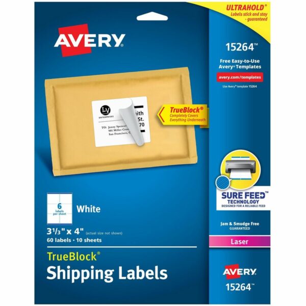 Avery Shipping Labels, Sure Feed, 3-1/3" x 4" , 60 White Labels (15264)