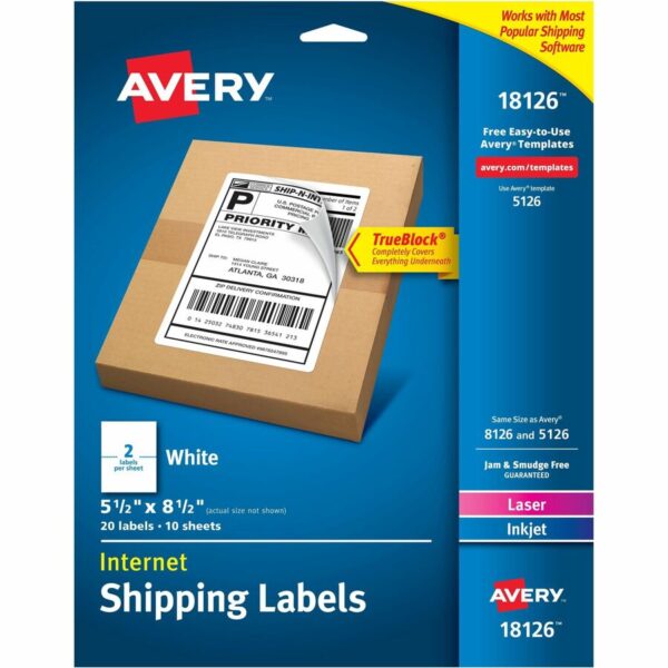 Avery Internet Shipping Labels, 5-1/2" x 8-1/2" , 20 Labels (18126)