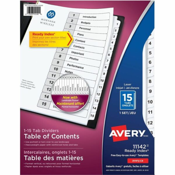 Avery® Ready Index® Table of Content Dividers for Laser and Inkjet Printers, 15 tabs