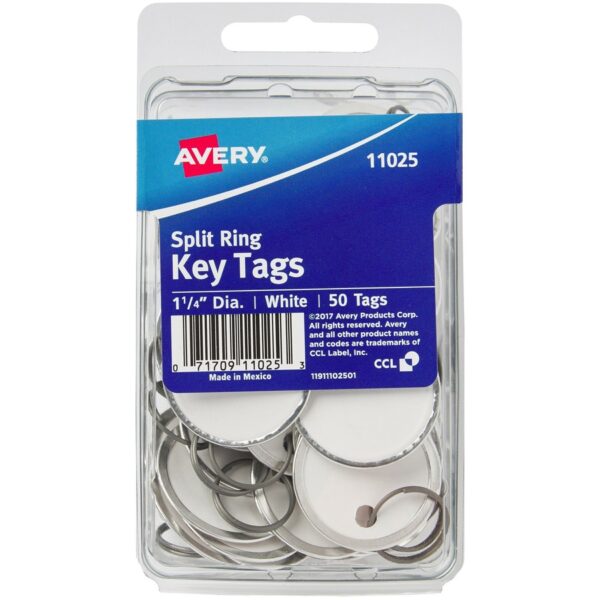 Avery 1-1/4" Metal Rim Key Tags, Split Ring, White, 50 Tags (11025)