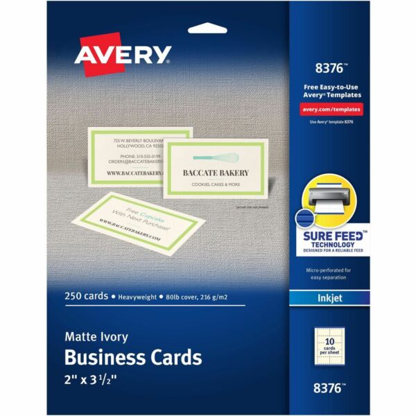 Avery 2" x 3.5" Ivory Business Cards, Sure Feed(TM), 250 (8376)