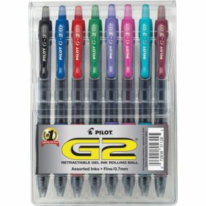 A set of 8 pilot g 2 retractable gel ink pens in assorted colors.