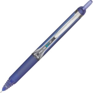 A blue pen with a white tip and black ink.