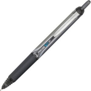 A black and silver pen with a blue tip.