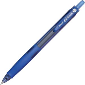 A blue pen with a black tip and a white handle.