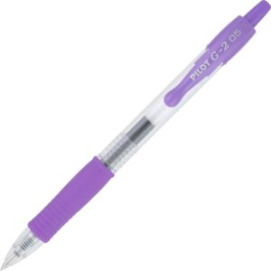 A purple pen with a white tip and black writing.