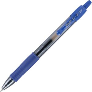 A blue pen with a black tip and white writing.