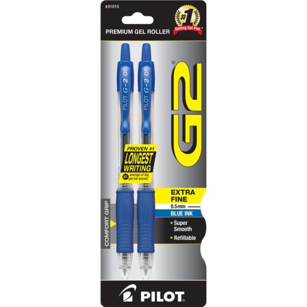 A package of pilot g 2 extra fine gel pens.