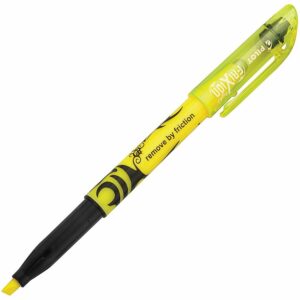 A yellow pen with black tip and writing on it.