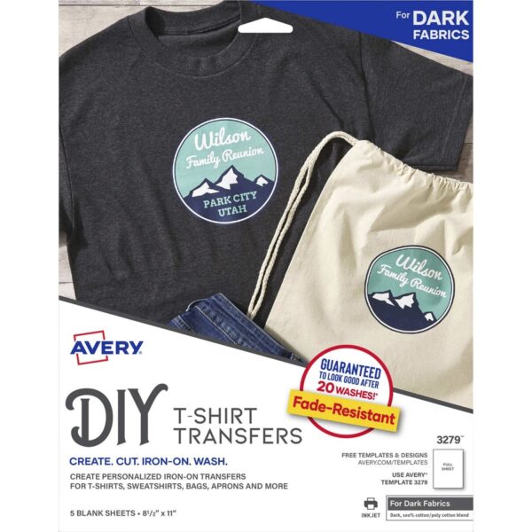 Avery® Heat Transfers for Dark Fabric, 8.5" x 11" , 5 Sheets (3279)