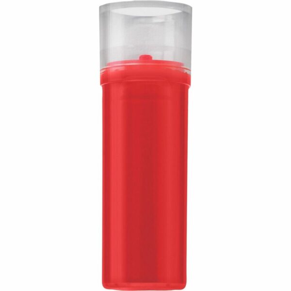 A red bottle with a clear lid.