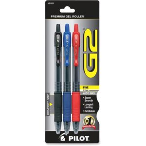 A package of pilot g 2 pens in different colors.