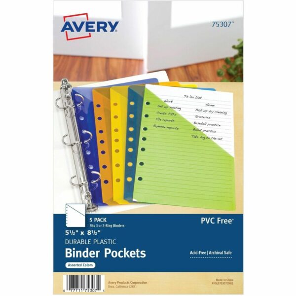 Avery Mini Binder Pockets, Assorted, 5.5" x 8.5" , 5ct (75307)