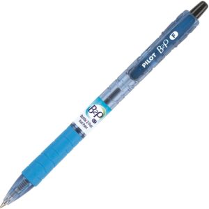 A blue pen with black tip and white writing.