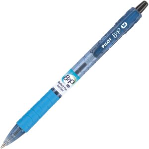 A blue pen with black tip and white writing.