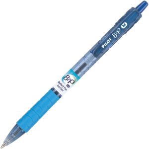 A blue pen with a white tip and black ink.