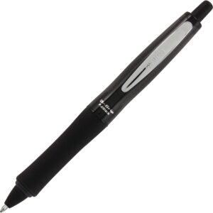 A black pen with a silver tip and white ink.