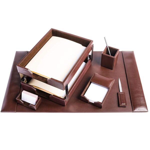 Dacasso 8-Piece Econo-Line Desk Set - Bonded Brown Leather - Image 2