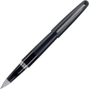 A black pen with silver tip and white writing.