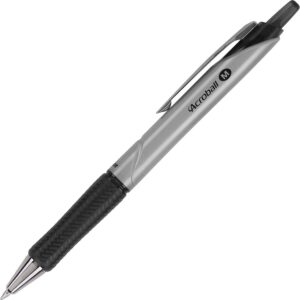 A pen with a black handle and a silver tip.