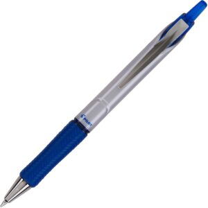 A blue and silver pen is shown on the white background.