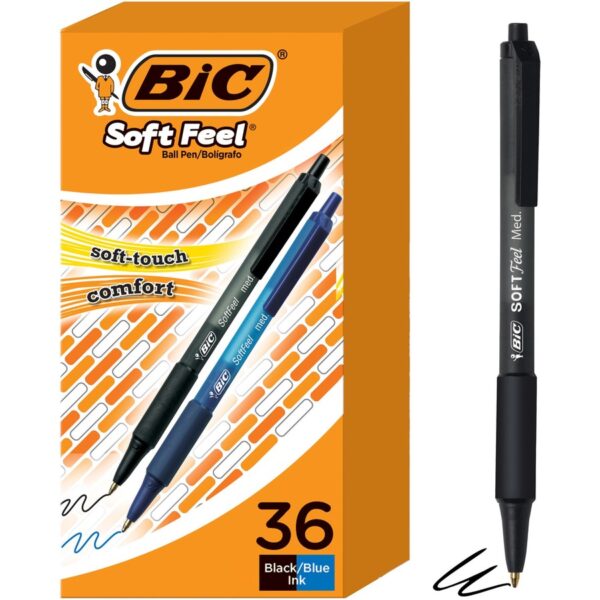 BIC Soft Feel Retractable Ball Point Pen Medium, Assorted, 36 Pack