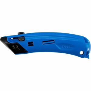 A blue utility knife with a black handle.