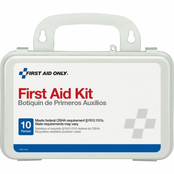 A first aid kit in its plastic case.