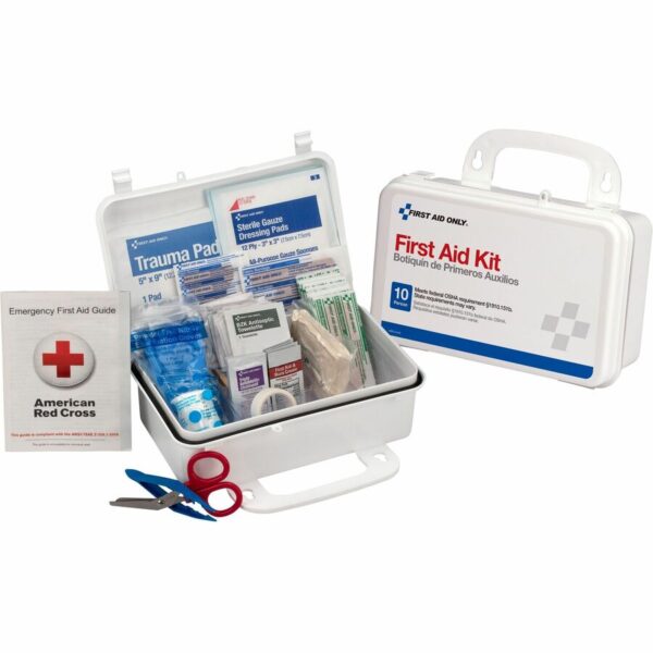 A first aid kit with scissors and other items.