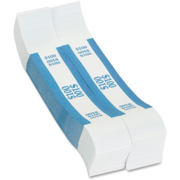 A pair of blue and white paper money bands.