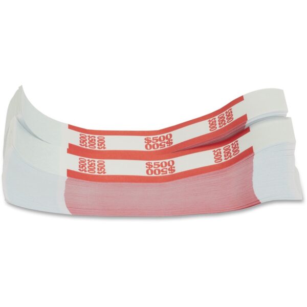 A stack of three red and white paper money bands.