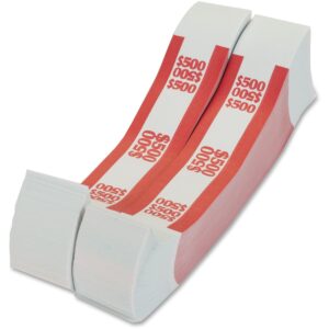 A pair of red and white paper money bands.