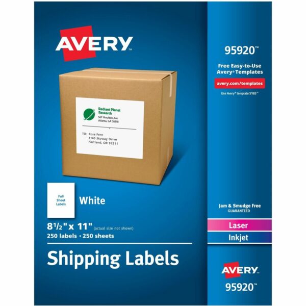 Avery Shipping Address Labels, 250 Labels, Full Sheet Labels, Permanent (95920)