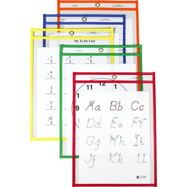 C-Line Reusable Dry Erase Pockets- Assorted Primary Colors - 9" x 12"