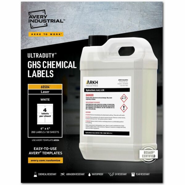 Avery® UltraDuty™ GHS Chemical Labels 4" x 4" , Permanent Adhesive, for Laser Printers