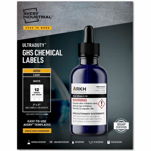 Avery® UltraDuty™ GHS Chemical Labels 2" x 2" , Permanent Adhesive, for Laser Printers