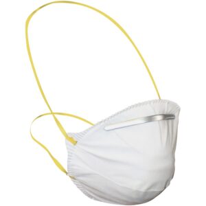 A white mask with yellow cord around it.