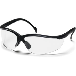 A pair of safety glasses with clear lenses.