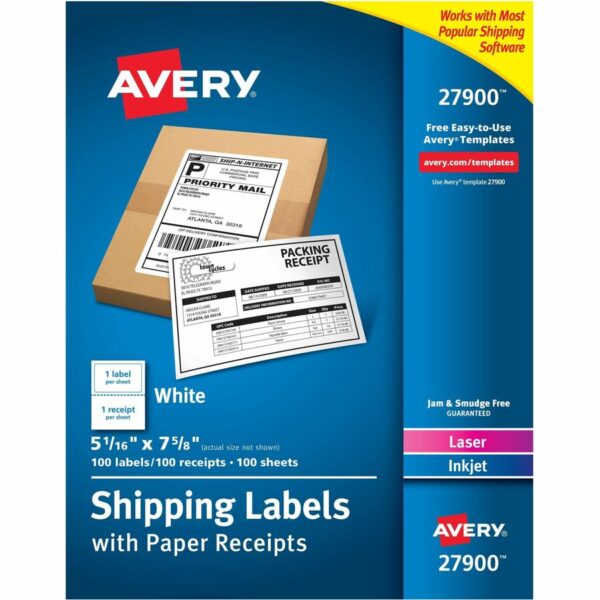 Avery® Shipping Labels with Receipt, 5-1/16" x 7-5/8" 100 Count (27900)