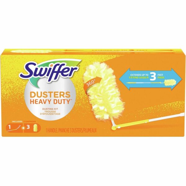 A box of swiffer dusters with the handle up.